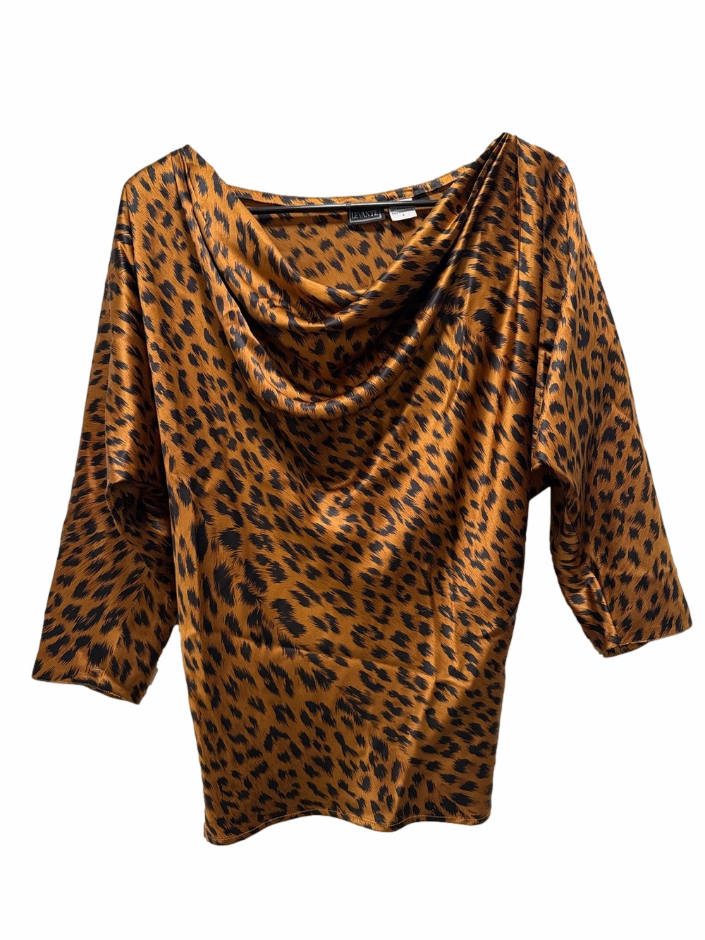 Levante Vintage Silk Cowl Neck Black & Rusty Orange Leopard Print Size Small
